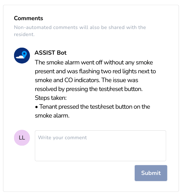 Real Maintenance Ticket Comment - Smoke Alarm - Resolved