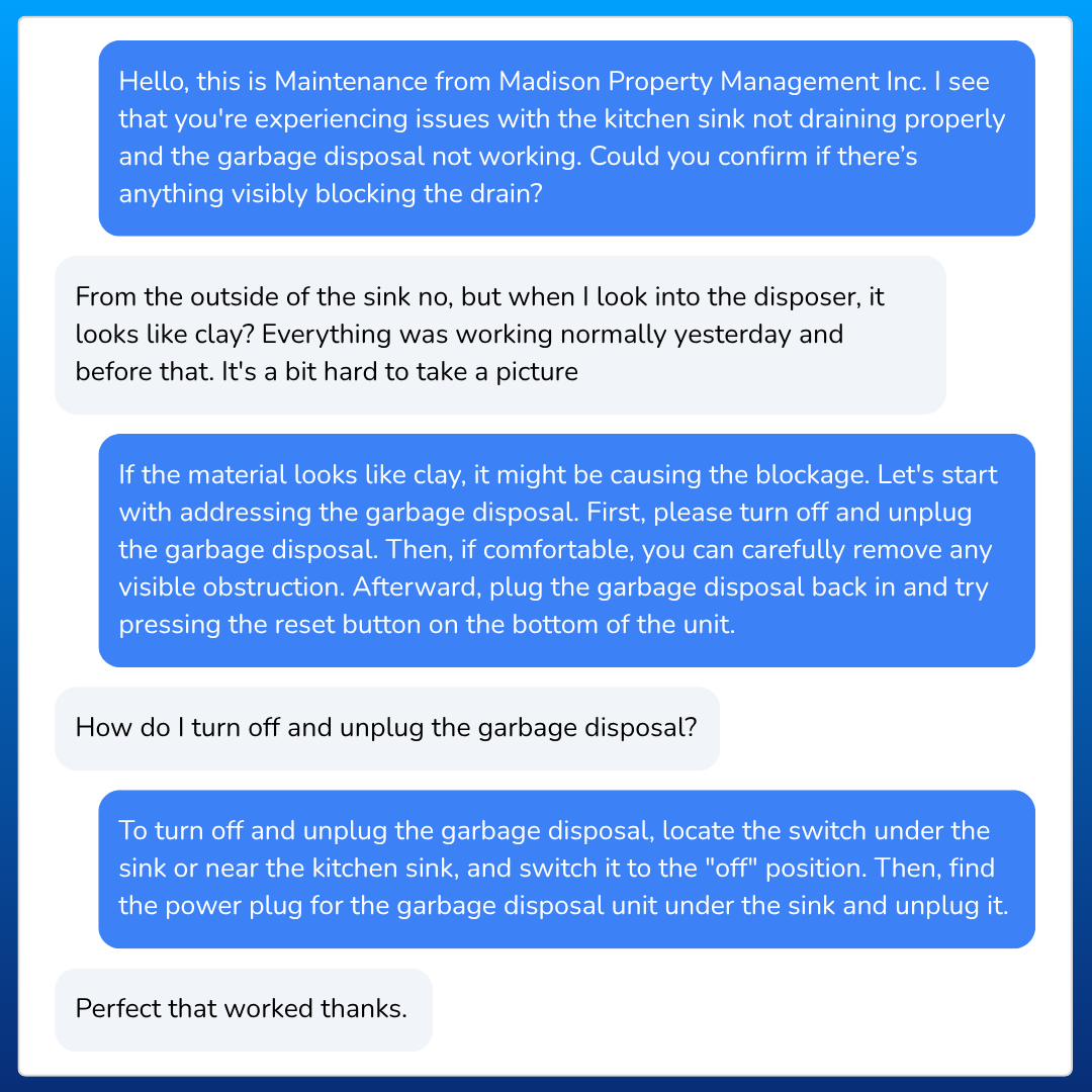 Real text conversation showing a Madison Property Management resident interacting with ASSIST